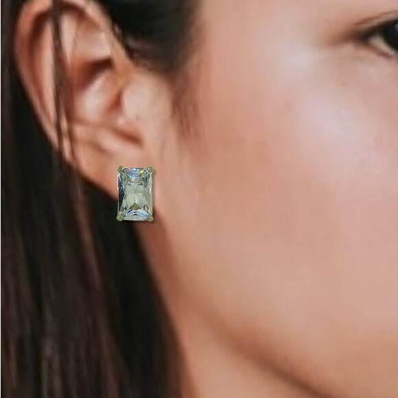 Elegant Silver Emerald Cut BlueWhite Cubic Zirconia Stud Earrings - Picture 6 of 8